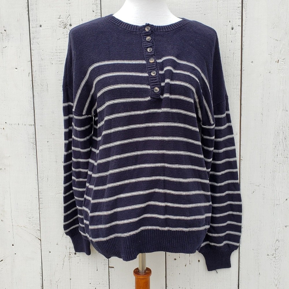 Marled Women's Striped Navy and Ivory Knit Sweater Size M W Buttons in Front